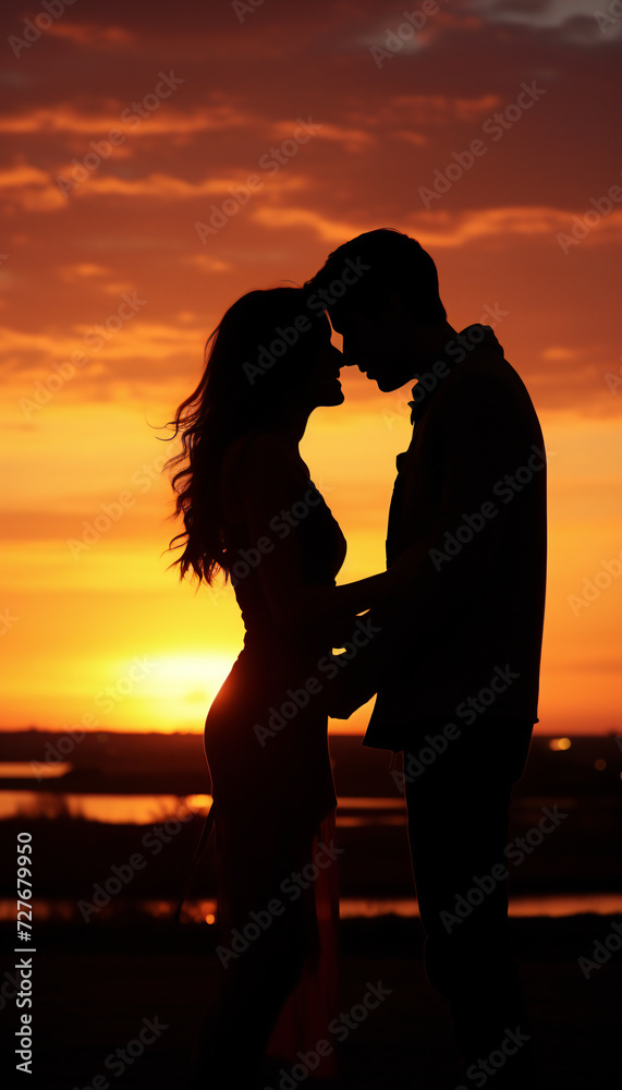 Vertical recreation of a lover couple loving each other at sunset