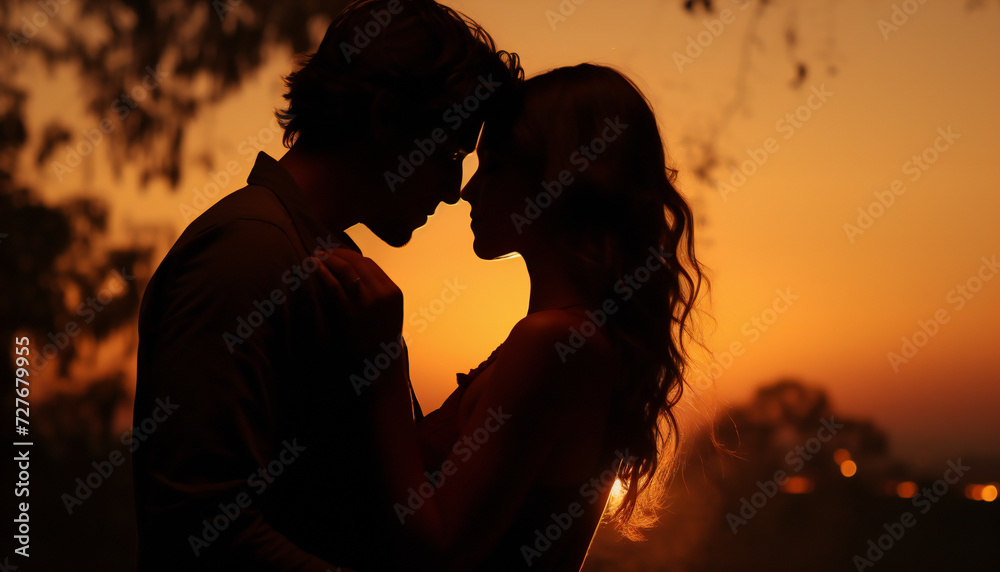 Recreation of a lover couple loving each other at sunset	