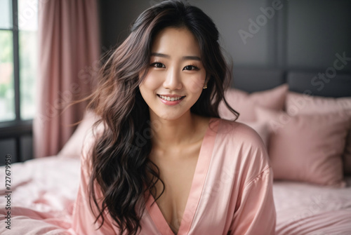 young asian woman in bedroom morning