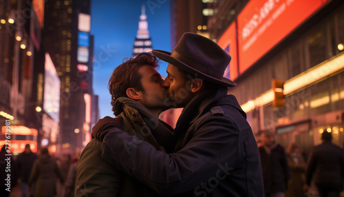 Recreation of a couple men kissing and loving each other photo