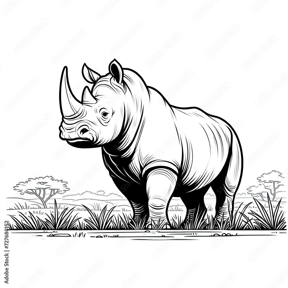 Vector silhouette of a rhino on grass, coloring book page, drawing sketch