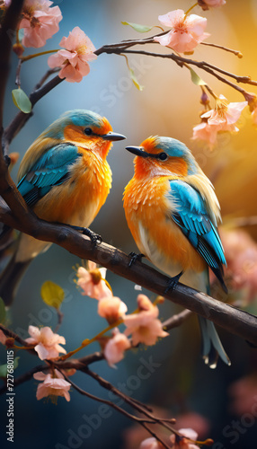Vertical recreation of two beautiful exotic small birds in a tree  © bmicrostock