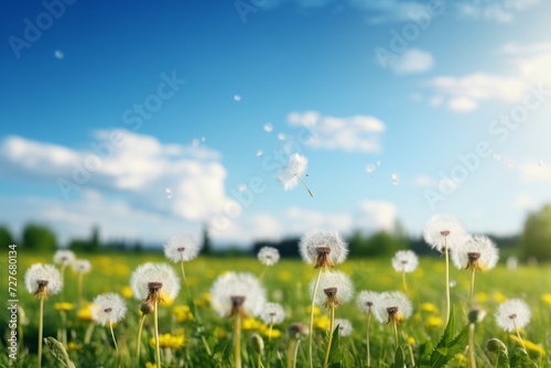 Beautiful puffy dandelions and flying seeds 
