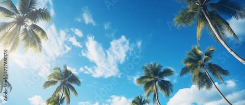 Top of wood table with seascape and palm leaves, blur bokeh light of calm sea and sky at tropical beach background. Empty ready for your product display montage. summer vacation background concept.