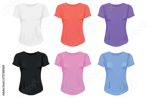 Realistic isolated female t shirts front in multiple colours