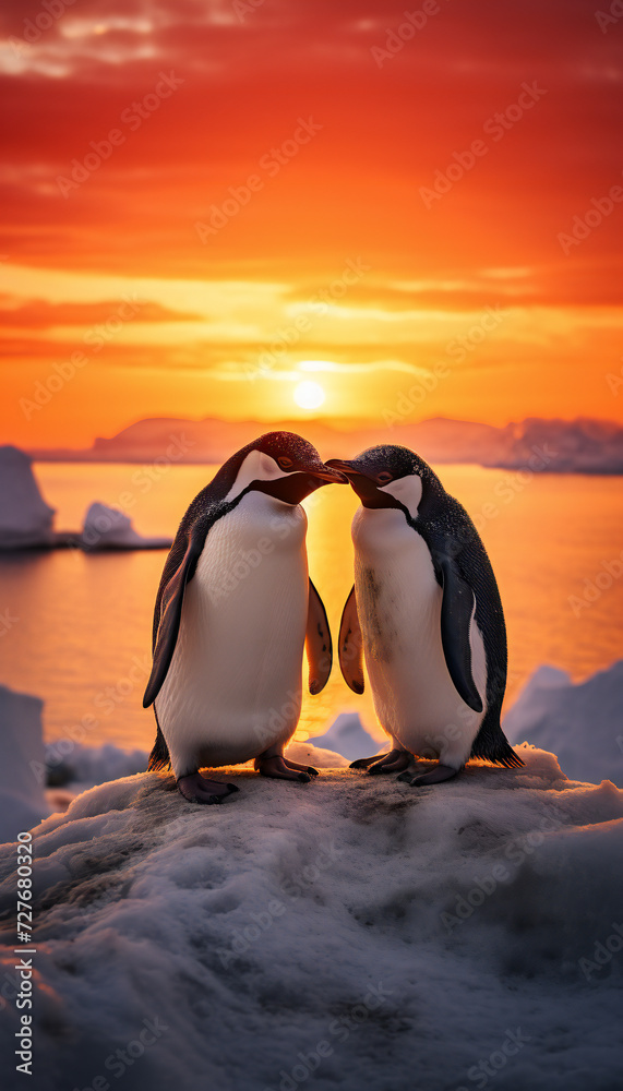 Vertical recreation of two penguins loving each other in the arctic at sunset