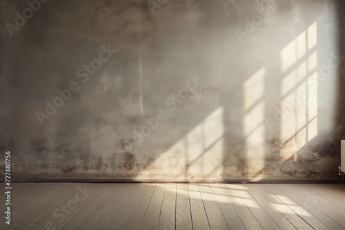Background for product presentation, wall and wooden parquet floor, sunrays and shadows from window