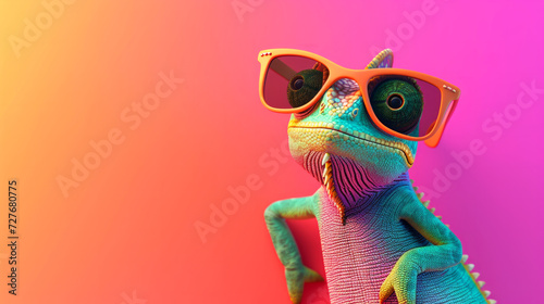 Cool chameleon wearing sunglasses on a solid color background, copy space. Cartoon chameleon with sunglasses on a rainbow background. 3d illustration, Colorful funny chameleon photo