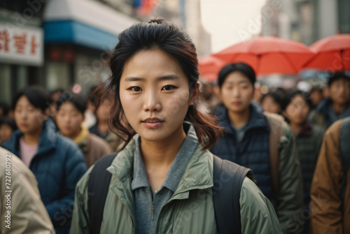 asian woman leading protest march