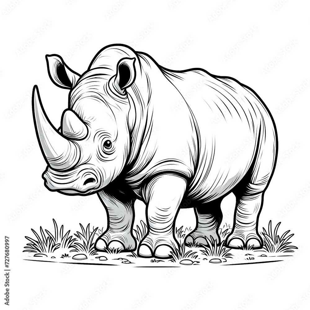 Obraz premium Vector silhouette of a rhino on grass, coloring book page, drawing sketch