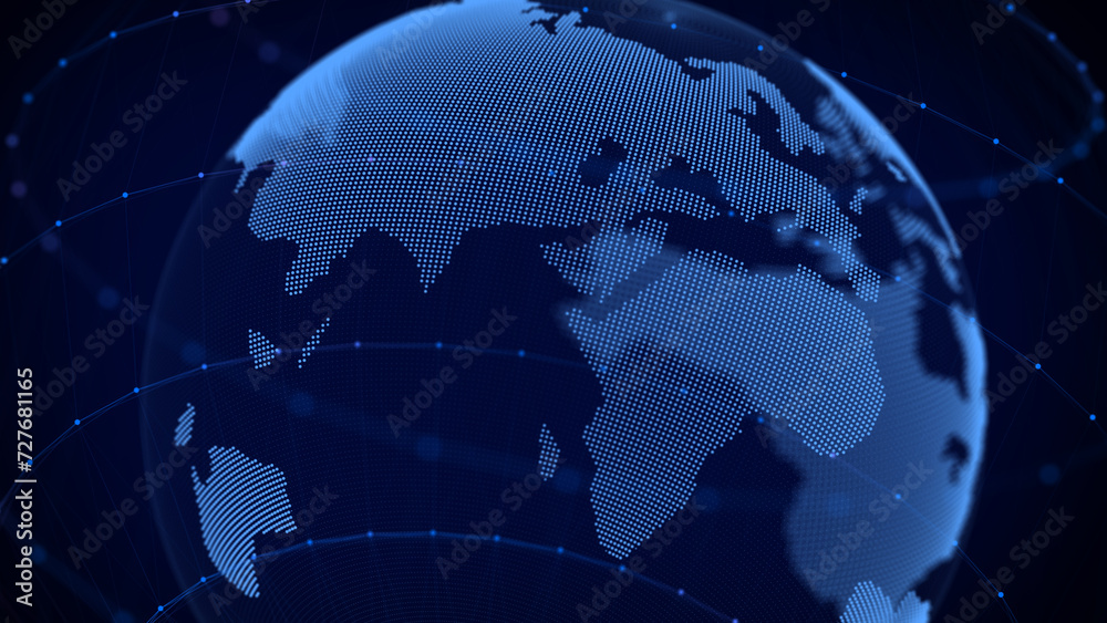 Naklejka premium Network connection structure. Abstract technology background with digital connecting data on planet. Map Earth of dots. Blockchain concept. 3D rendering.