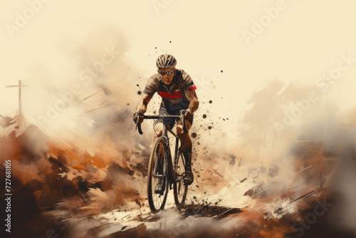 Professional road bicycle or gravel bike racer in grunge retro drawing style photo