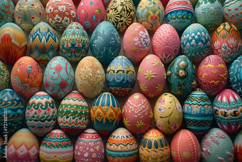 Vibrantly adorned spheres of spring, a flock of easter eggs embellished with intricate designs and hues, ready to bring joy and celebration to the season © Vladan