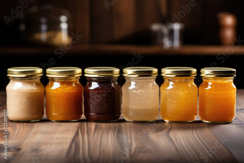 Baby food puree in jars, ready to eat, first feeding