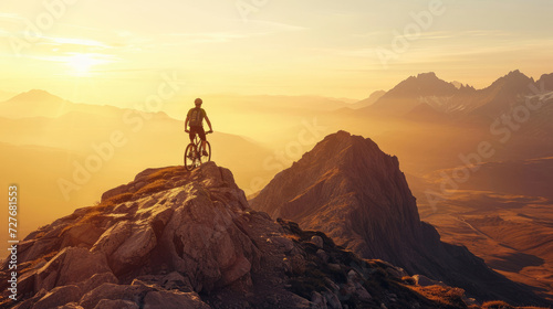 A male cyclist on a high mountain peak with a stunning view of the sunrise over a rugged landscape