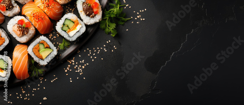 Sushi set on a dark background flat lay