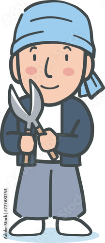 枝切りばさみを持った植木職人の男性のイラスト素材