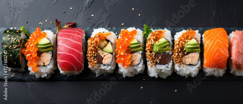 sushi set on a stone board flat lay, Japanese cuisine