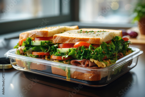 container lunch box with a sandwich with ham and herbs