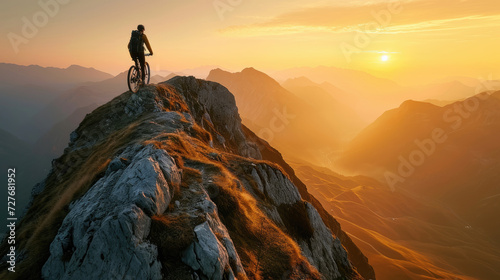 A male cyclist on a high mountain peak with a stunning view of the sunrise over a rugged landscape