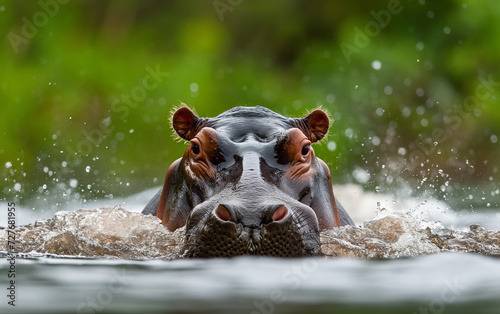 Hippo in lake water. Generative AI © Nipawan