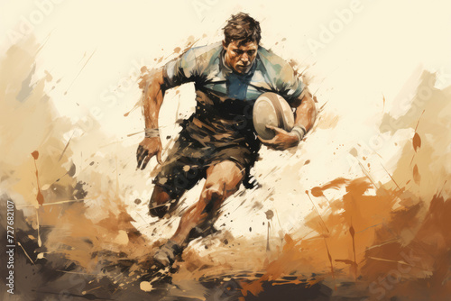 Rugby player with ball in retro grunge style drawing