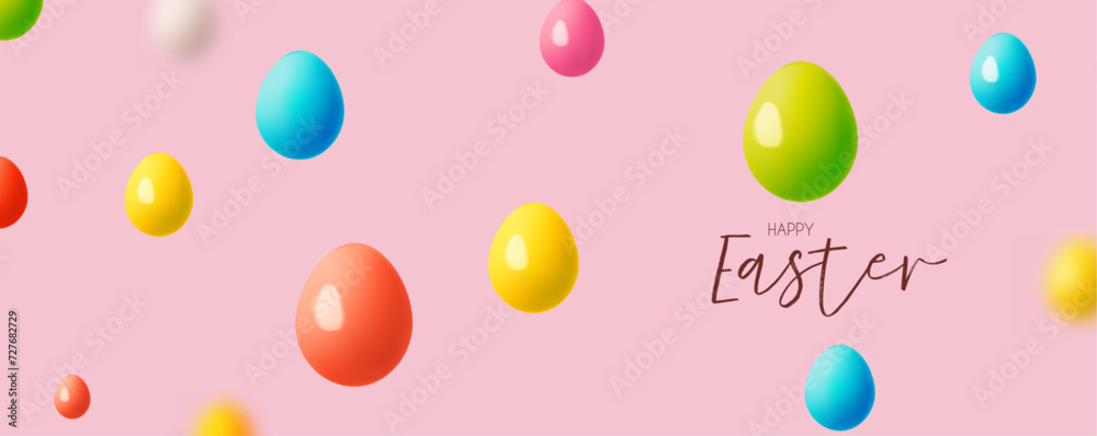 Happy Easter! Holiday background with cute bunny and colorful eggs. Easter rabbit and eggs on pink background.