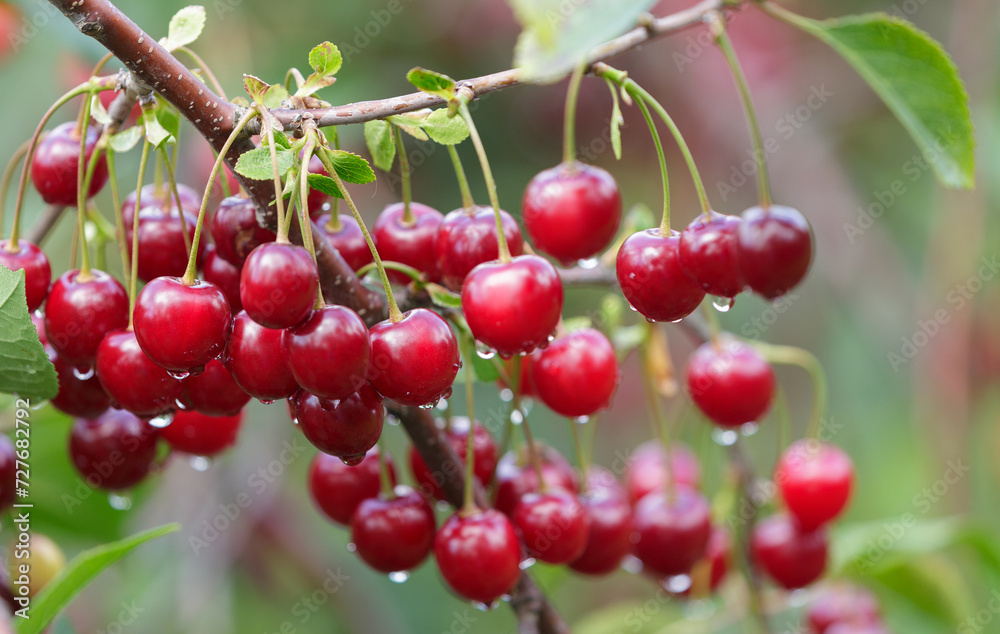 Red cherries hanging on a tree in a orchard garden. Harvesting period Red cherries hanging on a tree in a orchard garden. Harvesting period