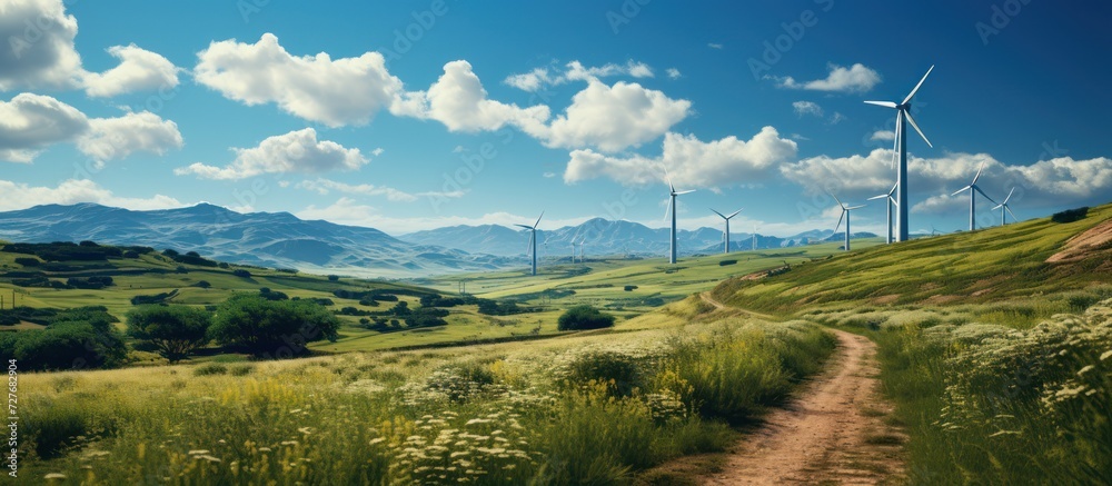 wind farm. Wind turbines produce electricity. Windmill farm on mountain