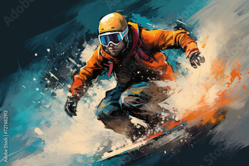 Snowboarder going down snowboard on snowy mountain photo