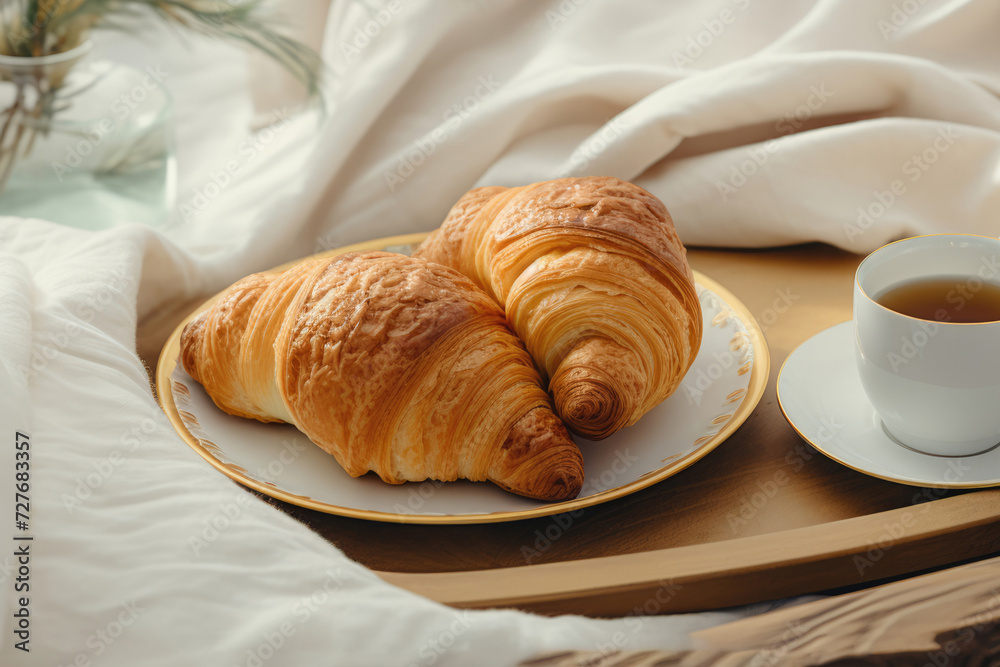 Croissant and coffee in cups, breakfast in bed Croissant and coffee in cups, breakfast in bed