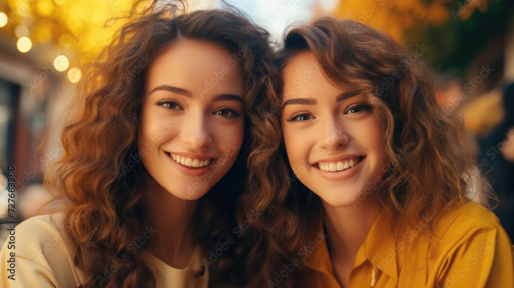 Close up image of two curly haired girl best friends hugging together to take a selfie on their walk through the city streets. Relationships and friendships concept. Generative Ai