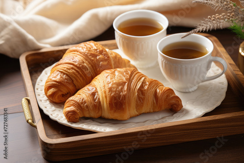 Two croissants and coffee in cups on a tray in a plate