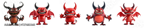 Set of 3D Cartoon Devil Characters on Transparent Background
