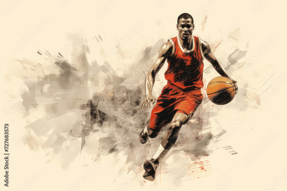 Obraz premium professional basketball player in motion in grunge retro style drawing