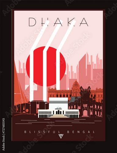 Dhaka city poster illustration, blissful Bengal, skyline and cityscape poster art.