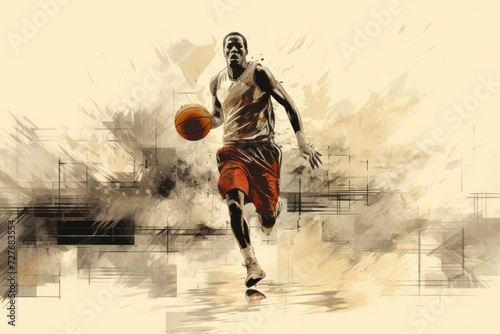professional basketball player in motion in grunge retro style drawing photo
