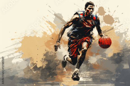 professional basketball player in motion in grunge retro style drawing photo