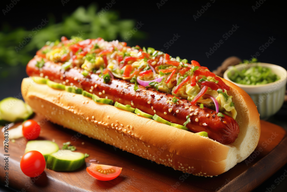 Fresh hot dog with sauces on the table Fresh hot dog with sauces on the table