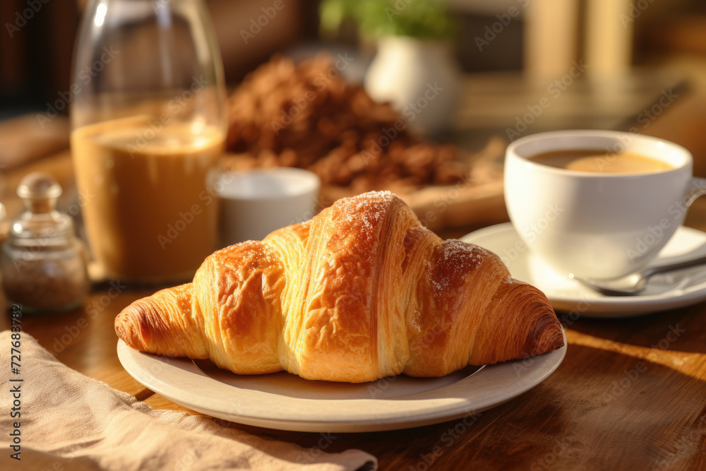 Delicious croissant in a plate, breakfast on the table