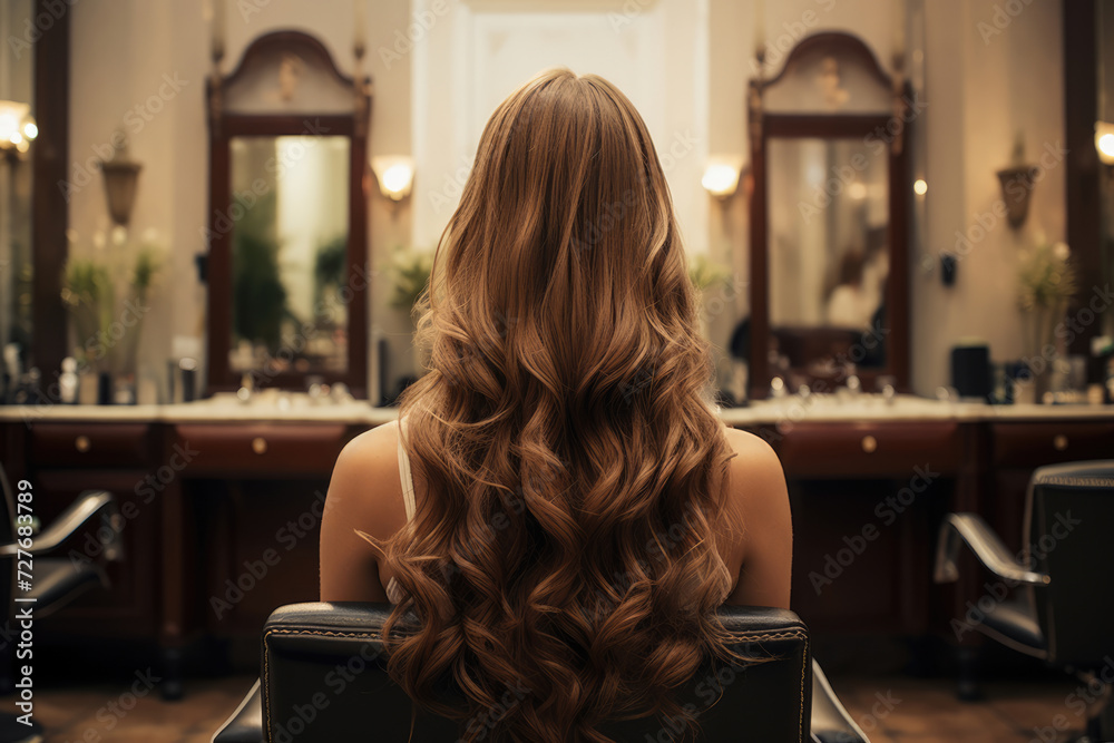 woman with long hair in a hairdresser's chair in a beauty salon woman with long hair in a hairdresser's chair in a beauty salon
