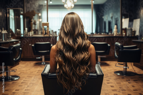 woman with long hair in a hairdresser's chair in a beauty salon