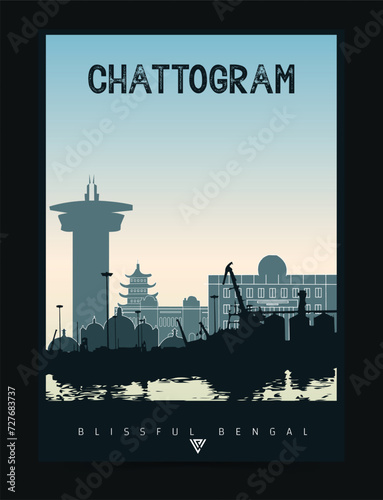 Chattogram city poster illustration, skyline and cityscape with seaport and sea, Chittagong poster art.