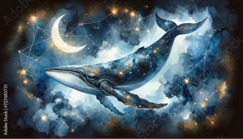 Whale  a horizontal watercolor painting of a majestic whale swimming through the night sky  surrounded by a constellation of stars and a soft crescent