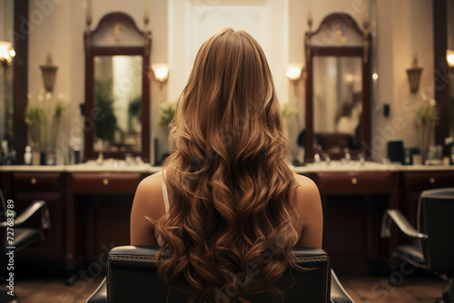 woman with long hair in a hairdresser's chair in a beauty salon