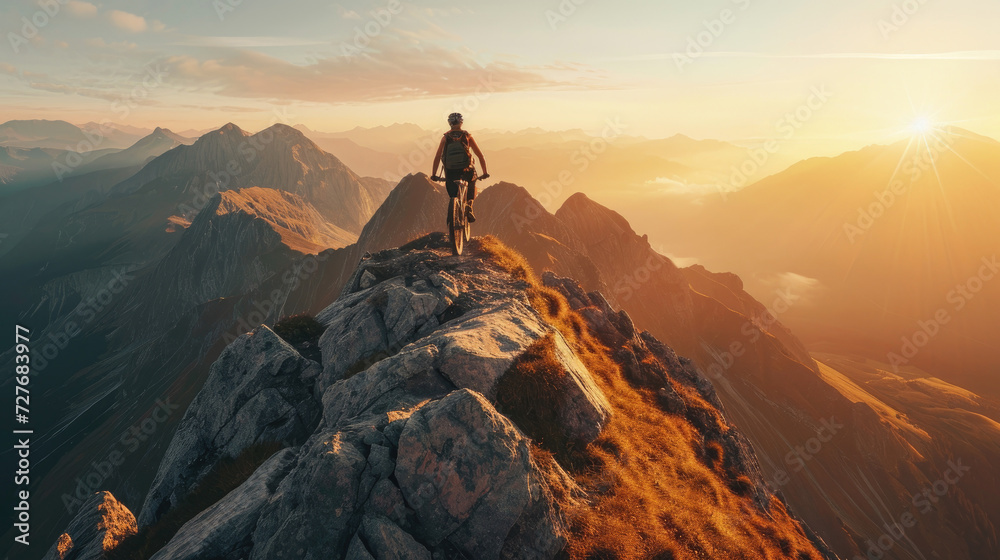 A male cyclist on a high mountain peak with a stunning view of the sunrise over a rugged landscape A male cyclist on a high mountain peak with a stunning view of the sunrise over a rugged landscape