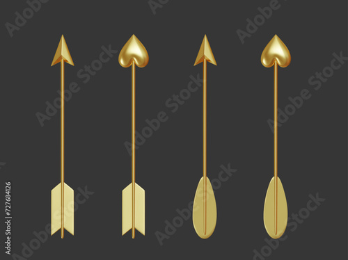 Set of Golden Arrows pointing right up, the tip in form of heart and cone. Valentines day card. Realistic 3d Icon isolated on grey background. Vector illustration