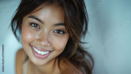 Studio shot of Beautiful young Asian woman with clean fresh skin on pastel color background, Face care, Facial treatment, Cosmetology, beauty and spa. Facial and skin care concept for commercial adver