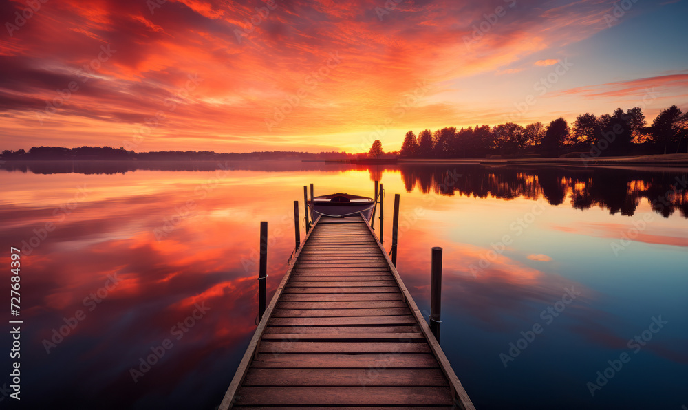 Serene Dawn with a Wooden Pier Extending into a Calm Lake with a Moored Boat Under a Vivid Orange Sky Reflecting in the Still Water