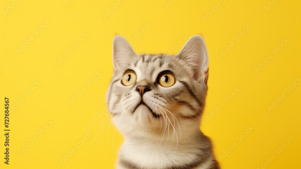 the cat looks up on a yellow background, front view. Cute young cat looks great the cat looks up on a yellow background, front view. Cute young cat looks great